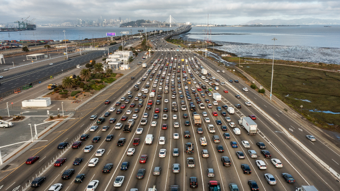 A traffic jam on the Interstate 80 highway westbound from Oakland entering the Bay Bridge